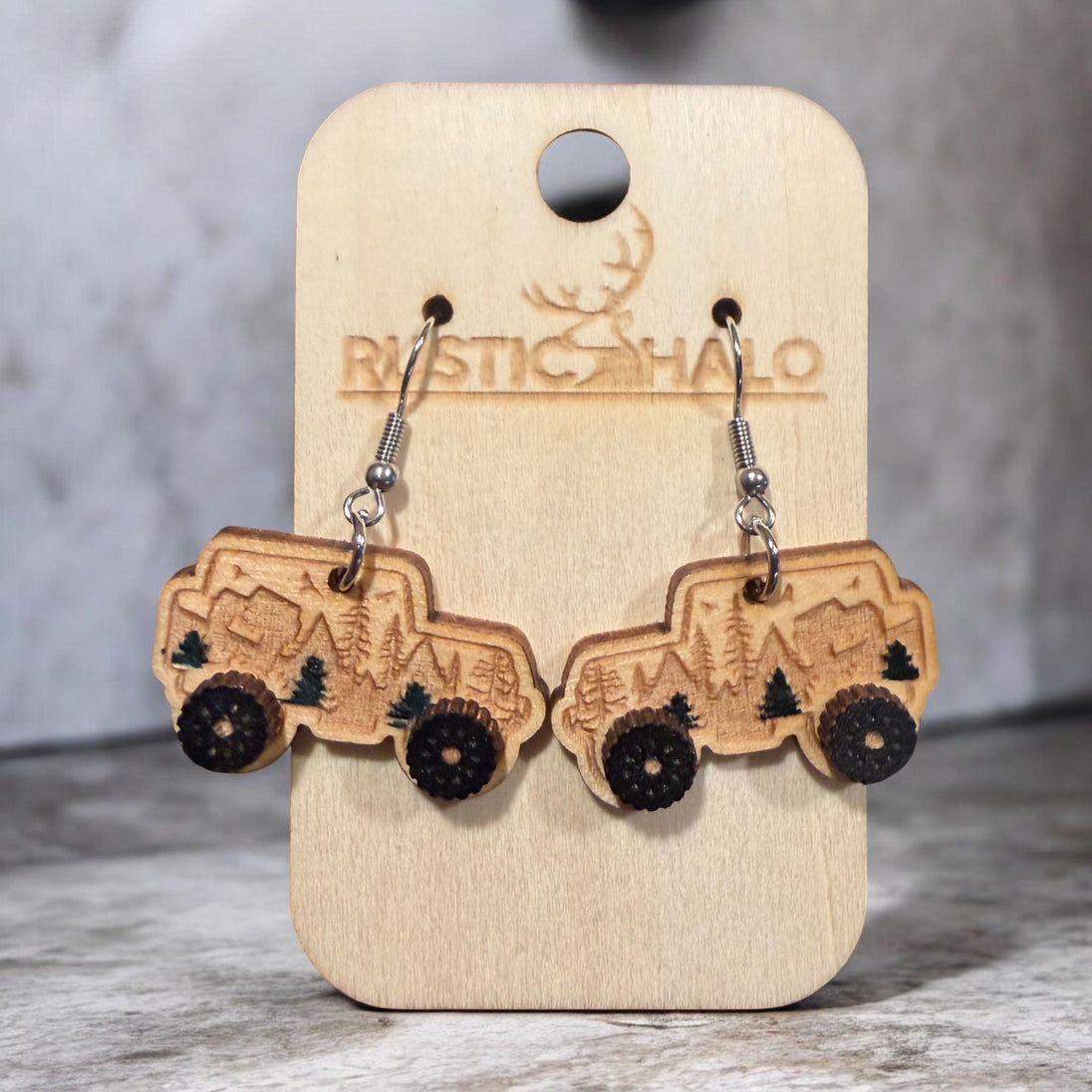 Off Road Jeeper Wood Earrings - Rustic Halo