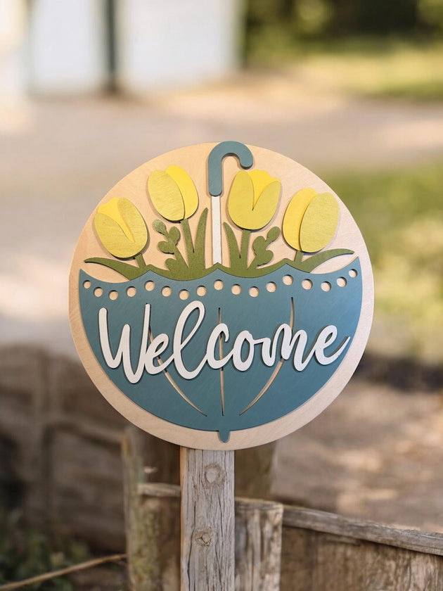 Umbrella Tulips Welcome Sign - Rustic Halo